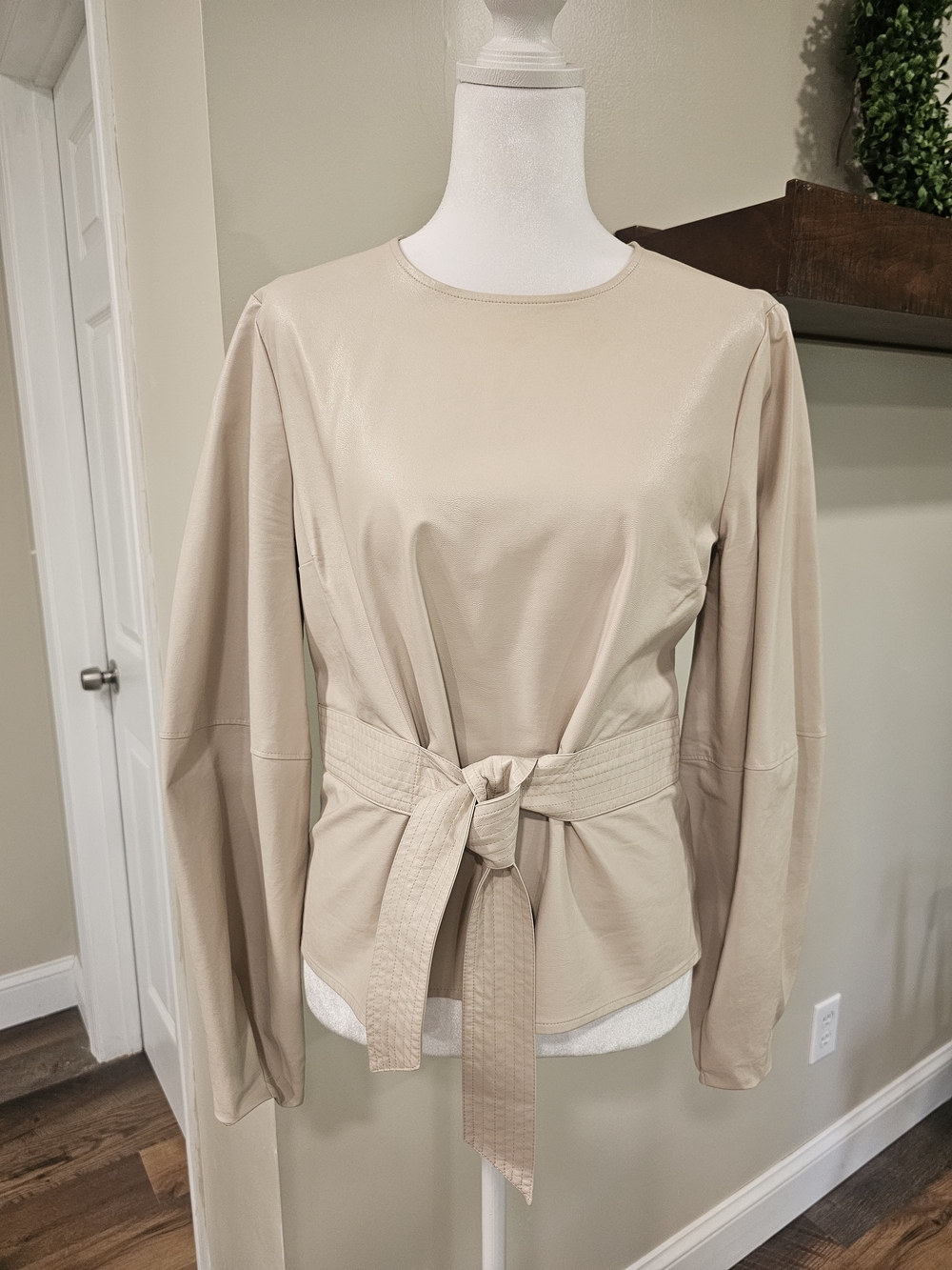 Express Beige Long Sleeve Tie-Waist Top